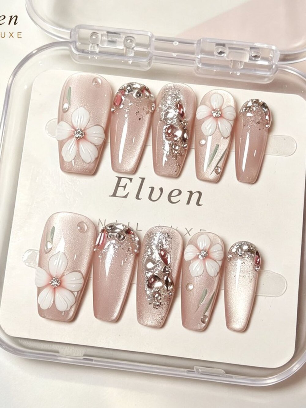 Elegant Spring Floral Medium Coffin Press On Nails | 3D Flower Rhinestone Reusab